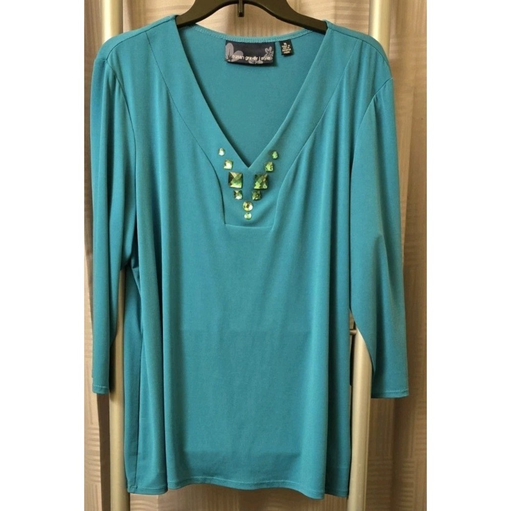 Susan Graver Style Gems Liquid Knit Gems Accent Blouse XL Travel Work Teal Women
